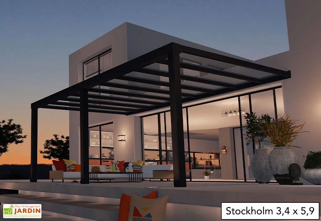 Canopia Pergola Adossée Aluminium Gris Et Polycarbonate - Stockholm 3,4 M + Stores 2 Canopia Pergola Adossée Aluminium Gris Et Polycarbonate - Stockholm 3,4 M + Stores – Image 2
