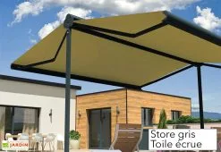 Intersun Store Banne Double Pente Avec Coffre – Enargite 6 X 6 M Motorisé -magasin de mobilier d'extérieur store double pente alu anthracite toile ecrue 3