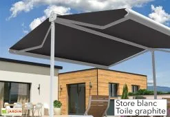 Intersun Store Banne Double Pente Avec Coffre – Enargite 6 X 6 M Motorisé -magasin de mobilier d'extérieur store double pente alu blanc toile graphite 3