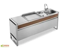 Pla.Net Table De Cuisson En Inox Avec Plancha à Gaz + Feu à Gaz + évier + Mitigeur Oasi 205C