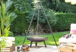 La Hacienda Trépied Pour Braséro Avec Grille De Cuisson Chromée : 65 X 172 Cm -magasin de mobilier d'extérieur trepied brasero grille cuisson 65cm chrome 172cm 2